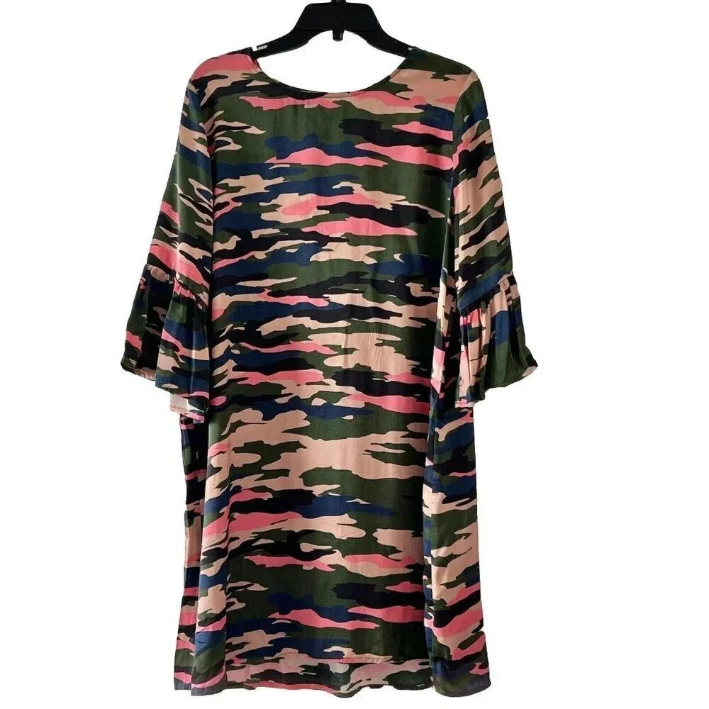 LaRoque Original 100% Silk Shift Mini Dress One Size Camo Print Pink Green